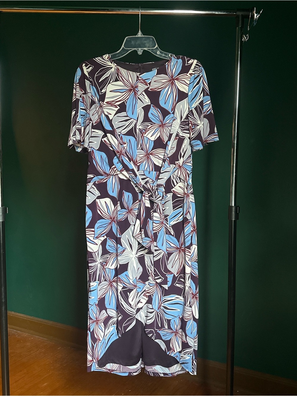 Maggy London Navy Floral Tie-Front Midi Dress with Blue & White Accents